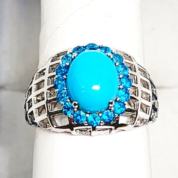 Sleeping Beauty Turquoise & Neon Apatite Halo ring in Rhodium over 925 SS 3ct s8 - Picture 4 of 5